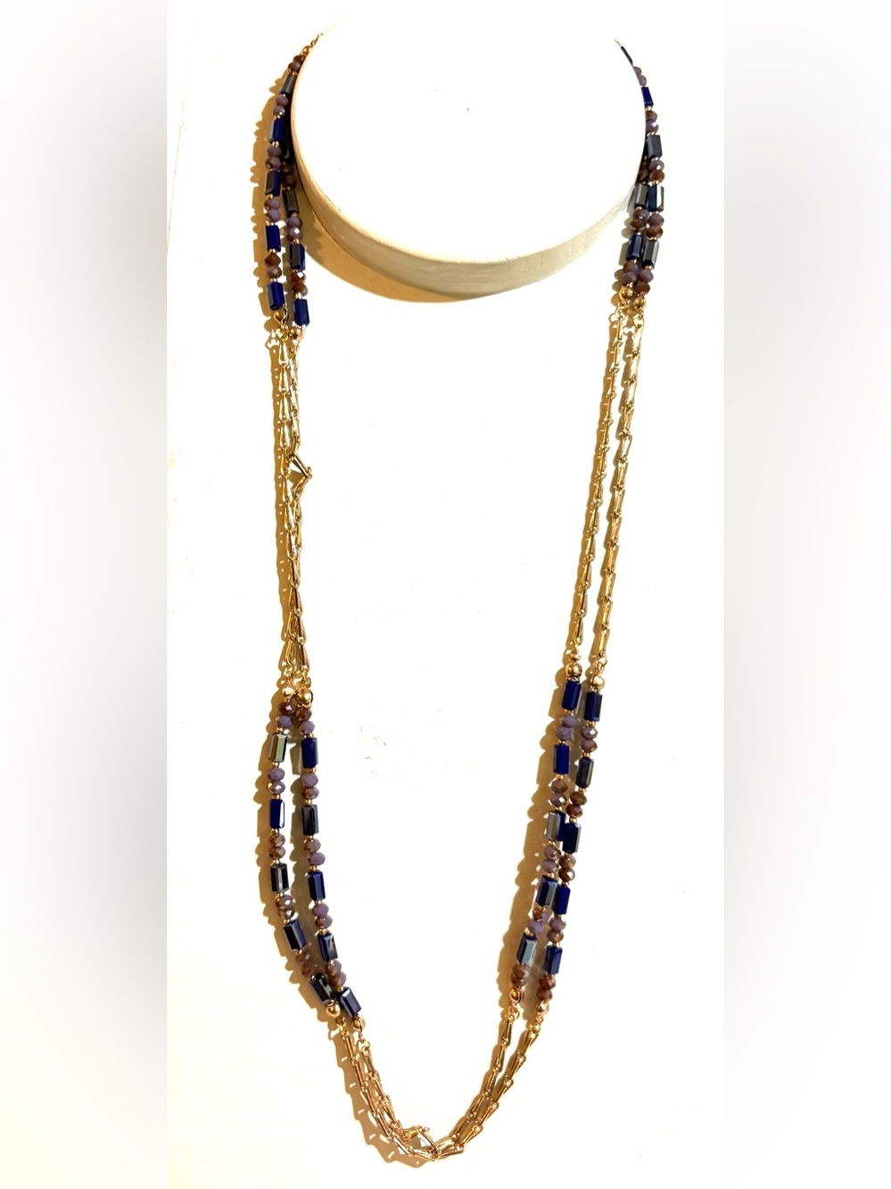Gold Multi-Strand Necklace with Navy Blue and Lavender Beads